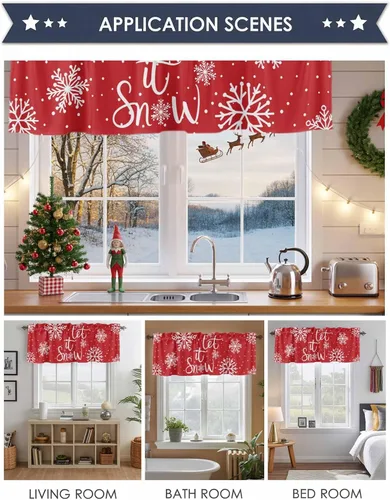 Vista 81 de Cenefa de cortina con lazo rojo de Navidad para ventanas, sala de estar, cocina, baño, granja, bolas de Navidad de acuarela con diseño de bayas