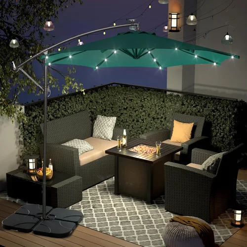 Vista 2 de WO Home Furniture Patio LED Umbrella 10ft Cantilever, Stand, Base Kits Verde oscuro