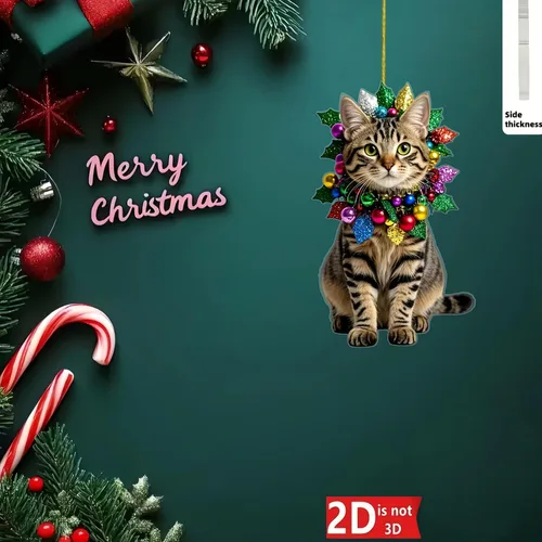 Vista 5 de Adorno colgante de Navidad de gato atigrado acrílico con lazo para interior del automóvil, llavero, mochila, hogar, jardín, patio y fiesta