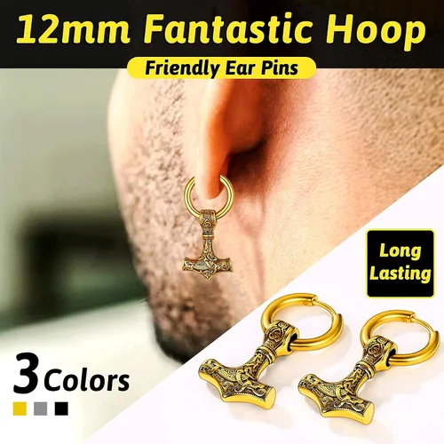 Vista 2 de FaithHeart Aretes de aro vikingo para hombre, ligeros, de acero inoxidable, aretes colgantes retro de mitología nórdica, regalo para papá y hermanos