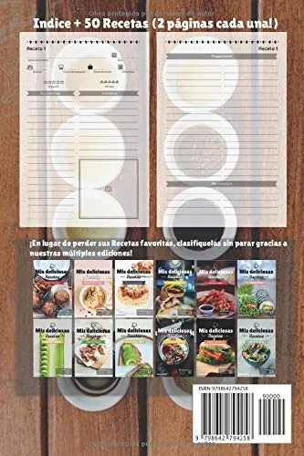 Vista 2 de Mis deliciosas Recetas - Edición Salsa Libro de recetas para ser completado y personalizado 50 recetas 2 páginas cada una (Spanish Edition)