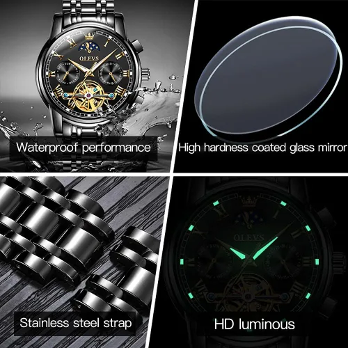 Vista 5 de OLEVS Relojes mecánicos automáticos para hombre, cuerda automática, impermeable, acero inoxidable, relojes de pulsera para hombre, reloj de lujo