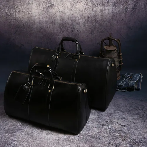 Vista 7 de Leathario Bolsa de viaje de cuero genuino para el fin de semana de la noche para los hombres, equipaje de mano, Negro-S, Pequeña, Vintage