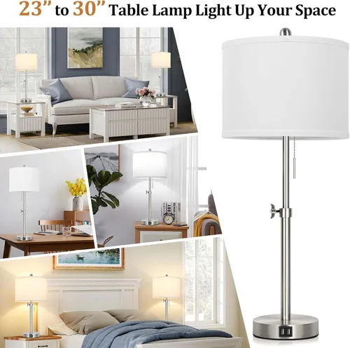 Vista 5 de Kondras Juego de 2 lámparas de mesa para dormitorio, lámpara de noche con 2 puertos USB, lámpara de mesa alta ajustable de 23 a 30 pulgadas