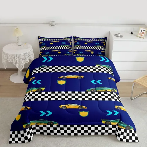 Vista 2 de Feelyou Juego de edredón de coche de carreras, tamaño individual, juego de ropa de cama de coche deportivo de velocidad para niños y niñas, edredón