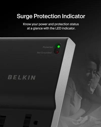 Vista 7 de Belkin - Protector de sobretensiones de 8 salidas con 8 tomas de corriente alterna y enchufe plano de 8 pies de largo, cable de extensión resistente