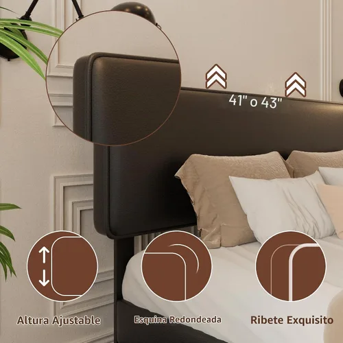 Vista 4 de HAOARA Marco de Cama con Plataforma Tapizada de Tamaño Completo, Cabecera Ajustable de Cuero PU, No Necesita Somier, Soporte de Listones de Madera