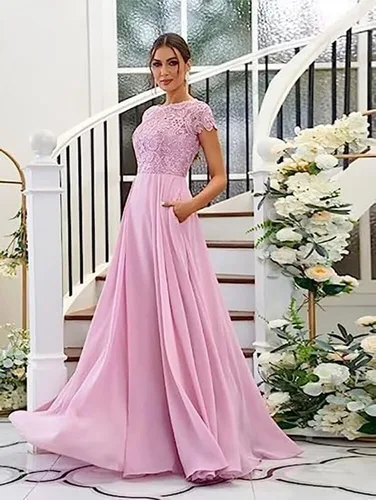 Vista 3 de Minrenfun Vestido de encaje de gasa para madre de la novia para boda, acampanado, manga tapada, vestidos de noche formales con bolsillos