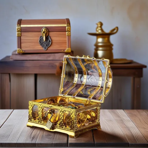 Vista 5 de Cofre del tesoro pirata para niños: pequeña caja del tesoro con cerradura y llave, caja de colección vintage de plástico para almacenamiento