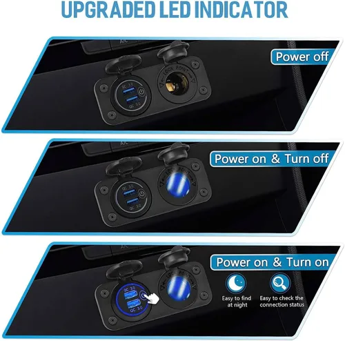 Vista 4 de [Actualizado] Divisor de toma de corriente para encendedor de cigarrillos, carga rápida 3.0 cargador USB con LED, toma de corriente USB de 12 V