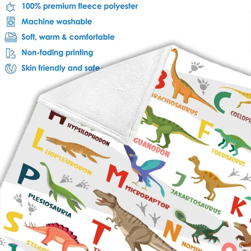 Vista 8 de Manta del alfabeto de dinosaurio, manta de dinosaurio para niños y niñas, franela suave y acogedora, ligera y cálida, 30 x 40 pulgadas para bebés