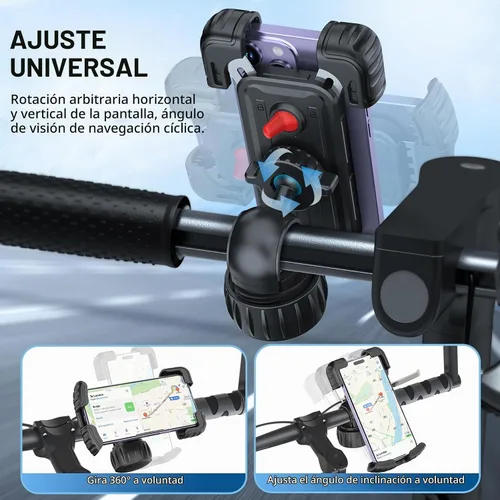Vista 5 de Soporte para teléfono celular de bicicleta, ajustable en 360 grados, montaje rápido, soporte para manillar de bicicleta para iPhone 16, 15, 14 Pro