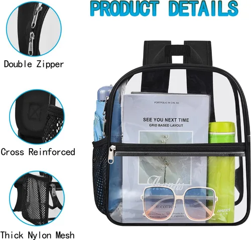 Vista 7 de Mochila transparente para eventos en estadios, 12 x 12 x 6 pulgadas, pequeña bolsa de plástico transparente con correas reforzadas para conciertos