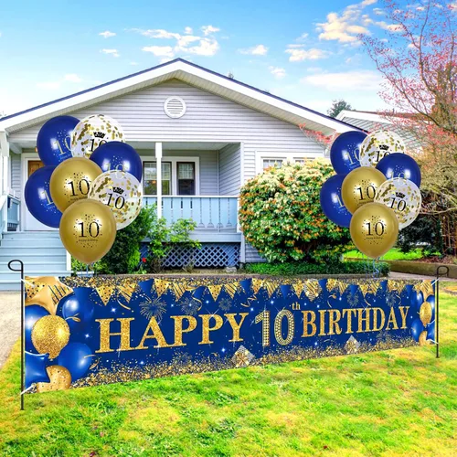 Vista 3 de Decoraciones de cumpleaños número 10 para niños pequeños, niños y niñas, azul marino y dorado, pancarta de fiesta de feliz cumpleaños de 18 piezas