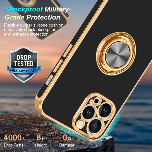 Vista 3 de Fingic - Funda para iPhone 13 Pro Max con soporte giratorio de 360° Shiny Gold Edge Slim Soft TPU Shockproof Protective Phone Case for Women Men
