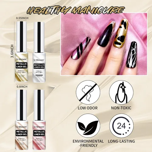Vista 6 de Juego de esmaltes de gel de pintura de espejo metálico de 4 x 0.4 fl oz, esmalte de uñas de gel pintado con efecto cromado espejo, gel de dibujo