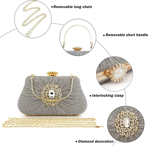 Vista 2 de Buric - Bolso de mano con purpurina para mujer, con diamantes plisados, para novia, boda, fiesta, con bolsa de diamantes de imitación