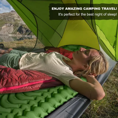 Vista 6 de Colchoneta de dormir para acampar con almohada, colchón inflable de gran grosor con bomba de pie, duradero, impermeable, ligero, colchón de aire