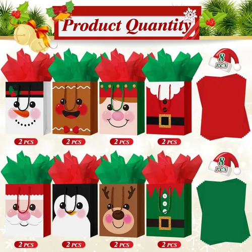 Vista 2 de Cholemy 16 piezas de bolsas de regalo de Navidad medianas gruesas con papel de seda, bolsas de papel kraft de Navidad con asas para envolver regalos
