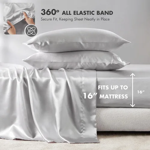 Vista 270 de Madison Park Essentials - Juego de sábanas de satén de lujo y sedoso con brillo natural, bolsillo elástico de 14 pulgadas para colchones de hasta 16