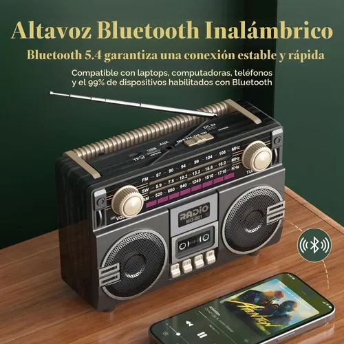 Vista 4 de AM FM Radio Portátil de onda corta Retro Radio Altavoz Bluetooth USB-C recargable, doble altavoz, recepción, perilla grande fácil de usar