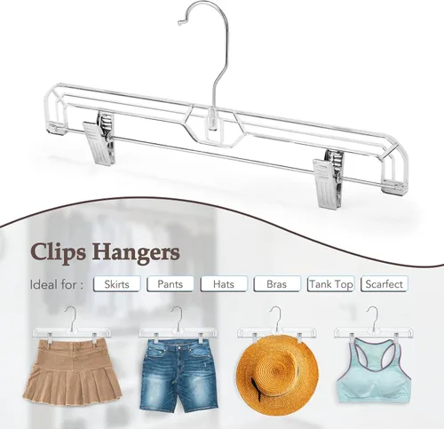 Vista 5 de HOUSE DAY Perchas para faldas transparentes con clips, percha antideslizante de plástico para pantalones con 2 clips ajustables, percha con clip