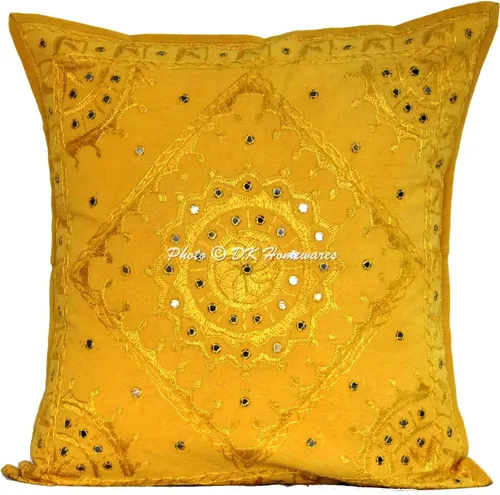 Vista 2 de Fundas de cojín decorativas de 24 x 24 pulgadas con bordado de espejo tradicional amarillo mango para habitación, bohemio, floral, cuadrado, algodón