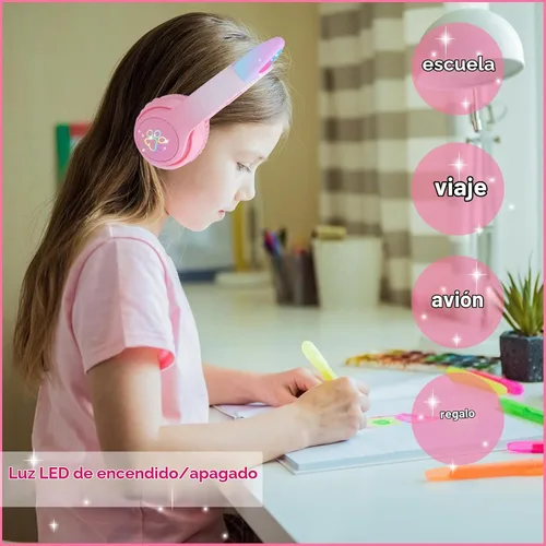 Vista 2 de Auriculares Bluetooth de orejas de gato para niñas, niños y adolescentes, luz LED, modo inalámbrico/con cable, auriculares estéreo plegables