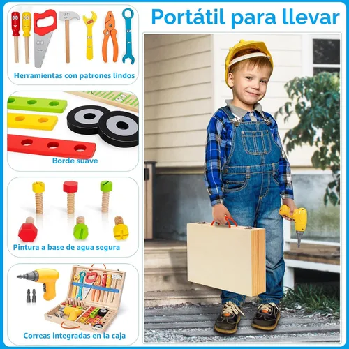 Vista 7 de Set de herramientas para niños con taladro eléctrico, set de 46 piezas de herramientas de madera para jugar para niños pequeños con caja
