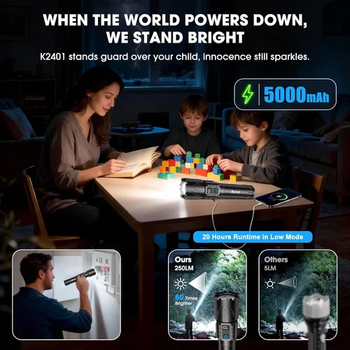Vista 2 de Linternas tácticas recargables Banral de 2000 lúmenes altos - 5000mAh súper brillantes, linterna LED potente impermeable, linterna USB C portátil