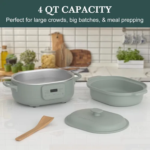 Vista 7 de Olla de cocción lenta programable de 4 cuartos con programación flexible y fácil, olla multicocción Claypot 8 en 1, recipiente extraíble, Oliva