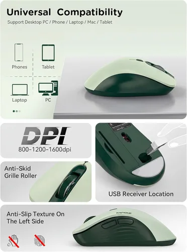 Vista 6 de RAPIQUE Ratón inalámbrico Bluetooth, Bluetooth dual y receptor USB 2.4G, clics silenciosos, mouse ergonómico de 6 botones para mano derecha, DPI