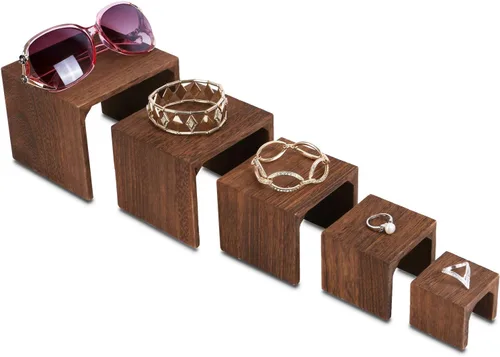 Vista 10 de MOOCA - Soporte de exhibición hexagonal de madera para accesorios 6-piece black wooden hexagon riser set creates tiered displays for jewelry