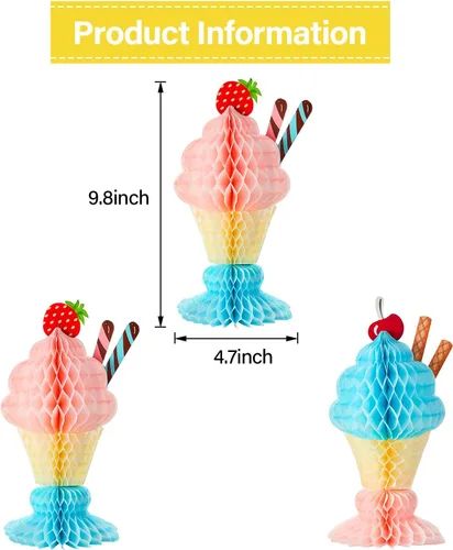 Vista 3 de Outus Centro de mesa de helado de panal de abeja de 4 piezas, centro de mesa de helado, decoraciones de fiesta para verano, cumpleaños, suministros