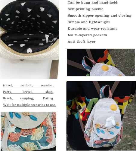 Vista 23 de HUANGGUOSHU Mochila de algodón tejida de algodón bohemio con bordado de lona estilo bohemio con múltiples bolsillos retro linda mochila cartera
