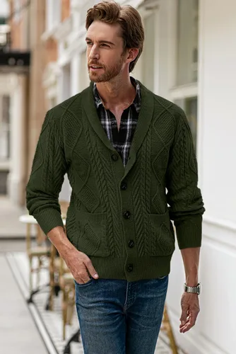 Vista 8 de JMIERR Suéter casual de manga larga con cuello de chal y botones para hombre con bolsillos