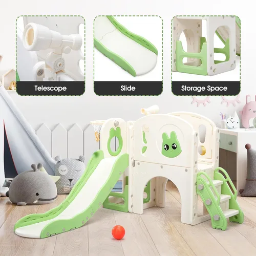 Vista 7 de Jaxpety Juego de tobogán y escalador 8 en 1 para niños pequeños, parque infantil con escaleras, túnel, telescopio, almacenamiento, aro de baloncesto