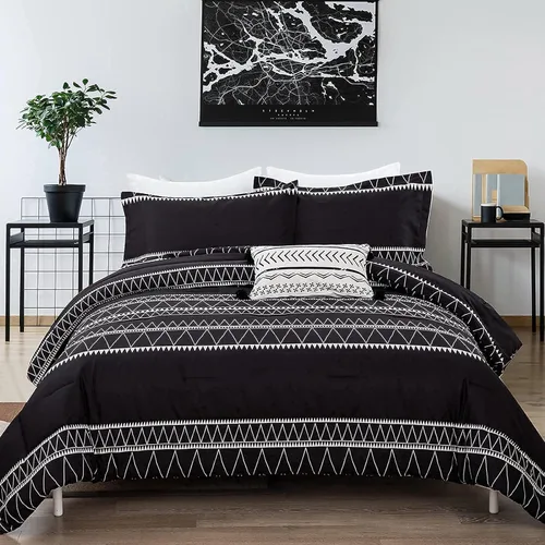 Vista 3 de WONGS BEDDING Juego de edredón negro tamaño matrimonial, edredón reversible bohemio a rayas de plumón alternativo para cama matrimonial, 3 piezas