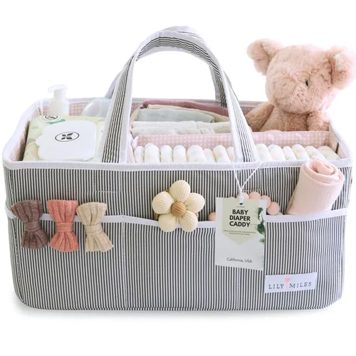 Vista 11 de Lily Miles Organizador de pañales para bebé - Bolso tote organizador para artículos esenciales de bebé niña - Cesta de regalo para baby shower