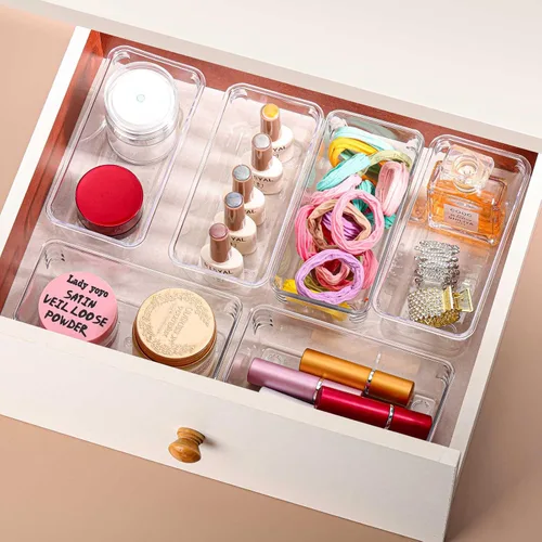Vista 3 de 6 bandejas organizadoras de cajones de plástico transparente de 6 x 3 pulgadas con 25 almohadillas antideslizantes para maquillaje, joyas