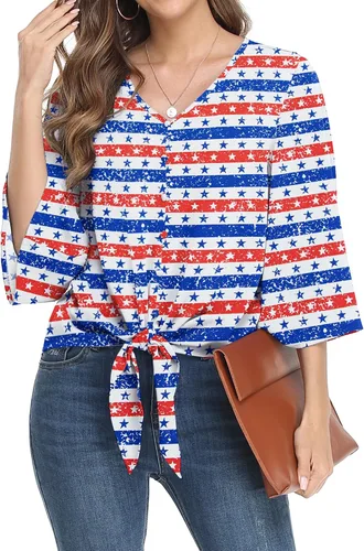 Vista 42 de VIISHOW Blusas de verano para mujer, con botones, cuello en V, de gasa, mangas acampanadas de 3/4, con nudo, casuales 01 Blanco