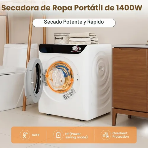 Vista 3 de Zynkez Secadora de ropa portátil de 2.5 pies cúbicos, secadora eléctrica compacta de 1400 W con tambor de acero inoxidable, carga frontal de tambor