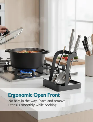 Vista 5 de NiHome Soporte para tapa de olla grande y soporte para cuchara con bandeja de goteo extraíble, organizador de encimera de cocina de hierro negro