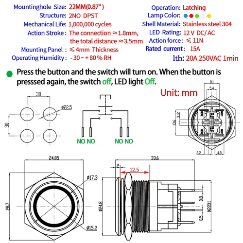 Vista 2 de Interruptor de botón de cierre de 15 amperios, 22 mm, 12 V CC, DPST, luz LED ojo de ángel, acero inoxidable 304, impermeable IP67 con enchufe