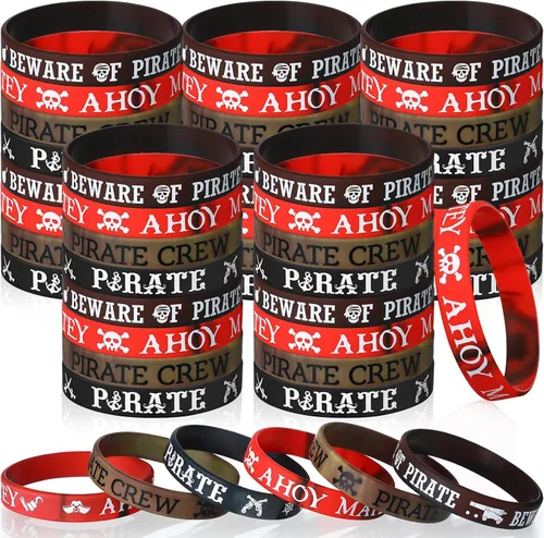 Vista 9 de Capoda 24 pulseras de silicona pirata Ahoy Matey Caribbean pulseras de goma calavera, barco pirata, recuerdos de fiesta para niñas y niños