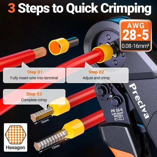 Vista 2 de Preciva Kit de herramientas de prensado de virola con pelacables, crimpadora hexagonal AWG 28-5 (0.08-16mm²) Terminales de virola de trinquete
