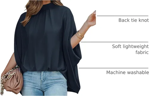 Vista 129 de BTFBM Blusas de verano para mujer, cuello alto falso, manga murciélago, holgadas, dobladillo alto y bajo, blusas informales de gran
