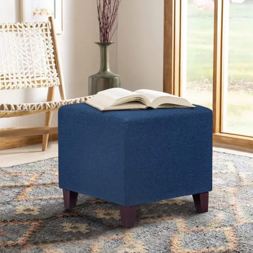 Vista 2 de Asense Reposapiés otomano tapizado de tela de lino con patas de madera, azul