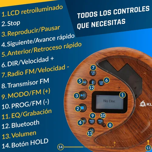Vista 5 de KLIM Discover Wood + Reproductor de CD portátil Walkman con batería de larga duración + Nuevo + con auriculares + Radio FM + Reproductor de CD MP3