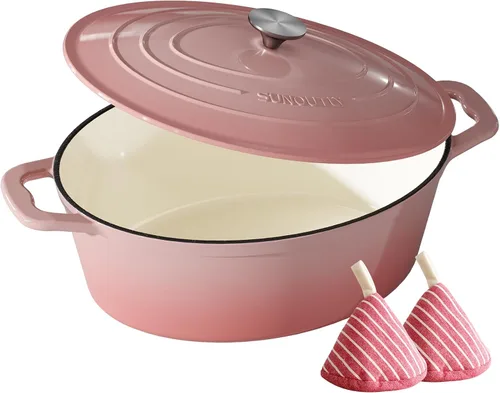 Vista 17 de Horno holandés de hierro fundido esmaltado, olla de 7.5 cuartos de galón con tapa y agarraderas de algodón, utensilios de cocina resistentes